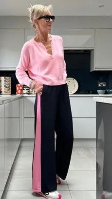 Navy/Pink Stripe Wide Leg Trousers