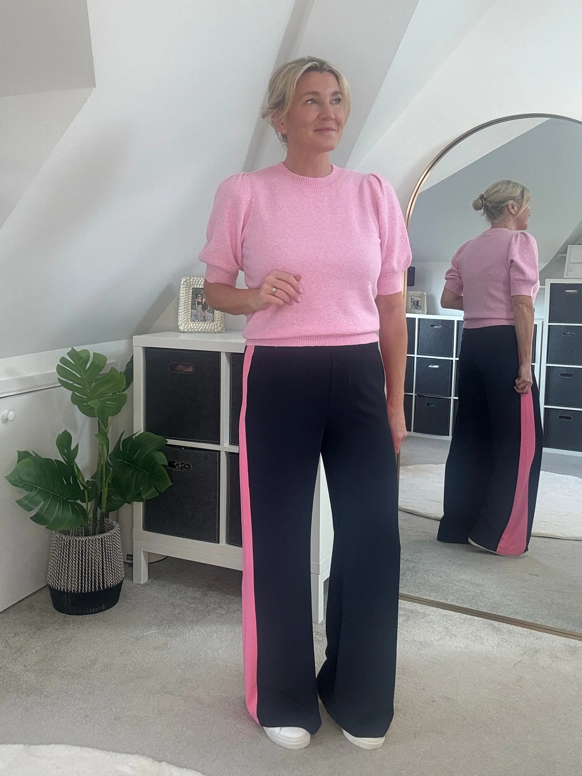 Navy/Pink Stripe Wide Leg Trousers