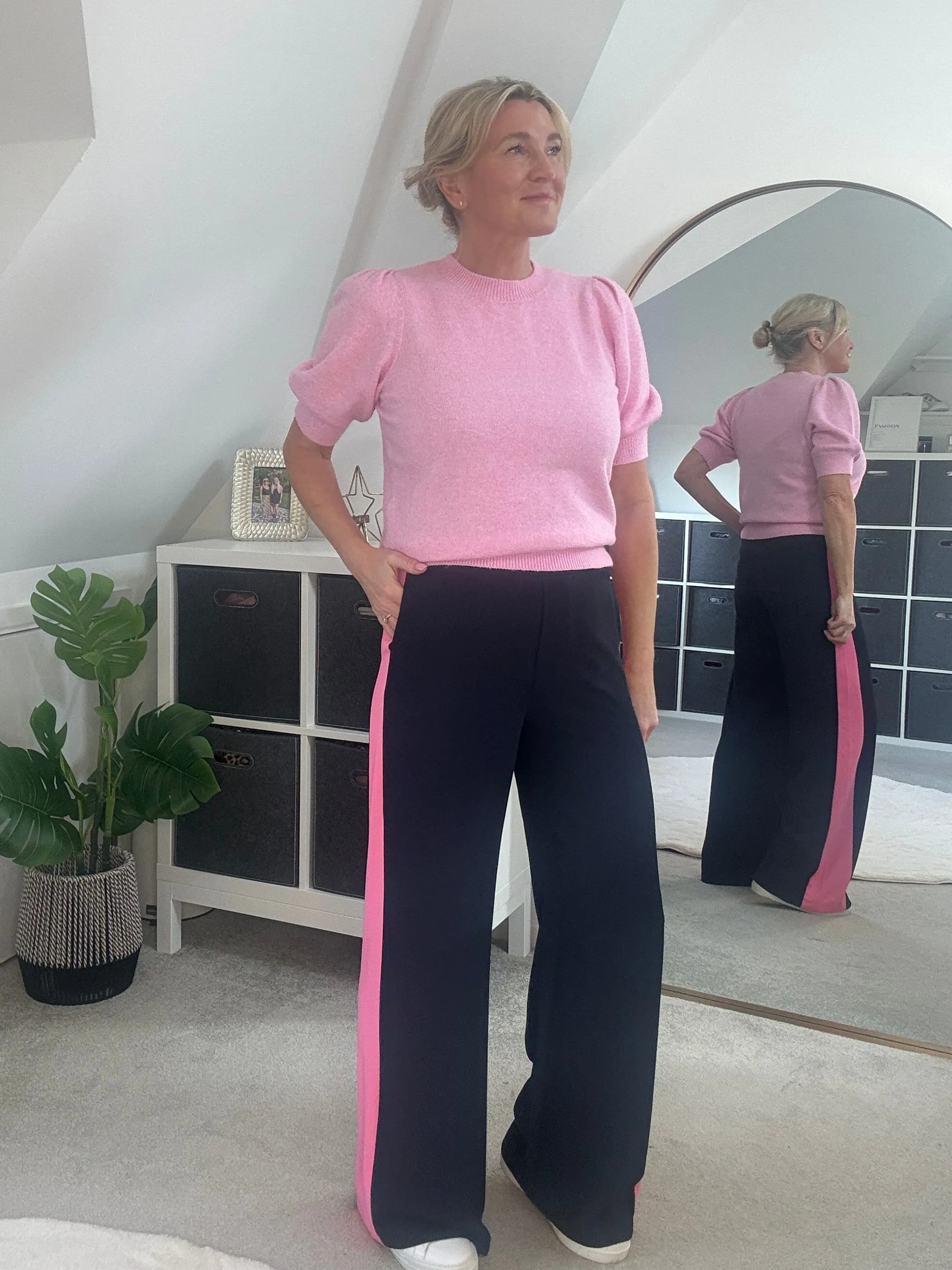Navy/Pink Stripe Wide Leg Trousers