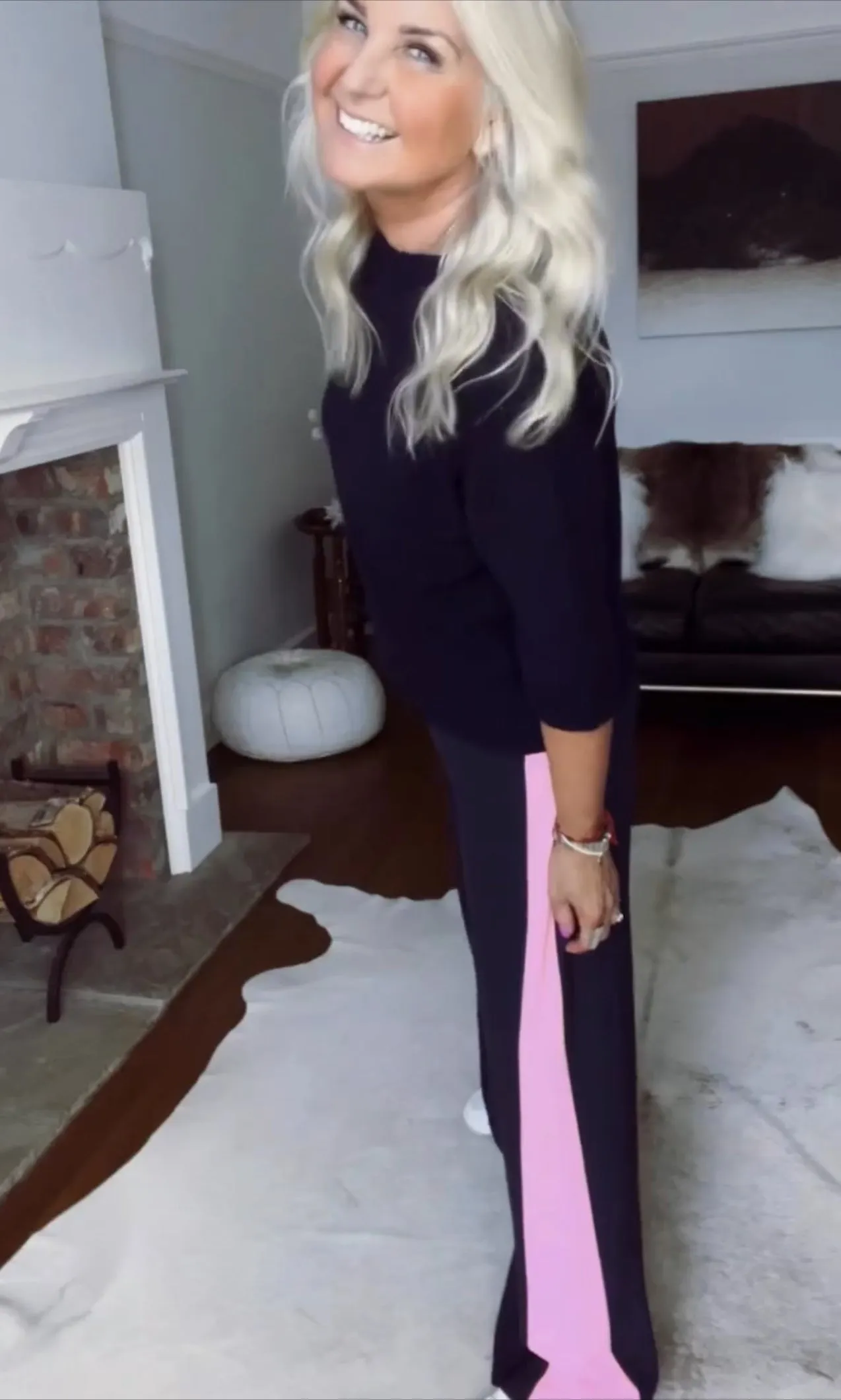 Navy/Pink Stripe Wide Leg Trousers