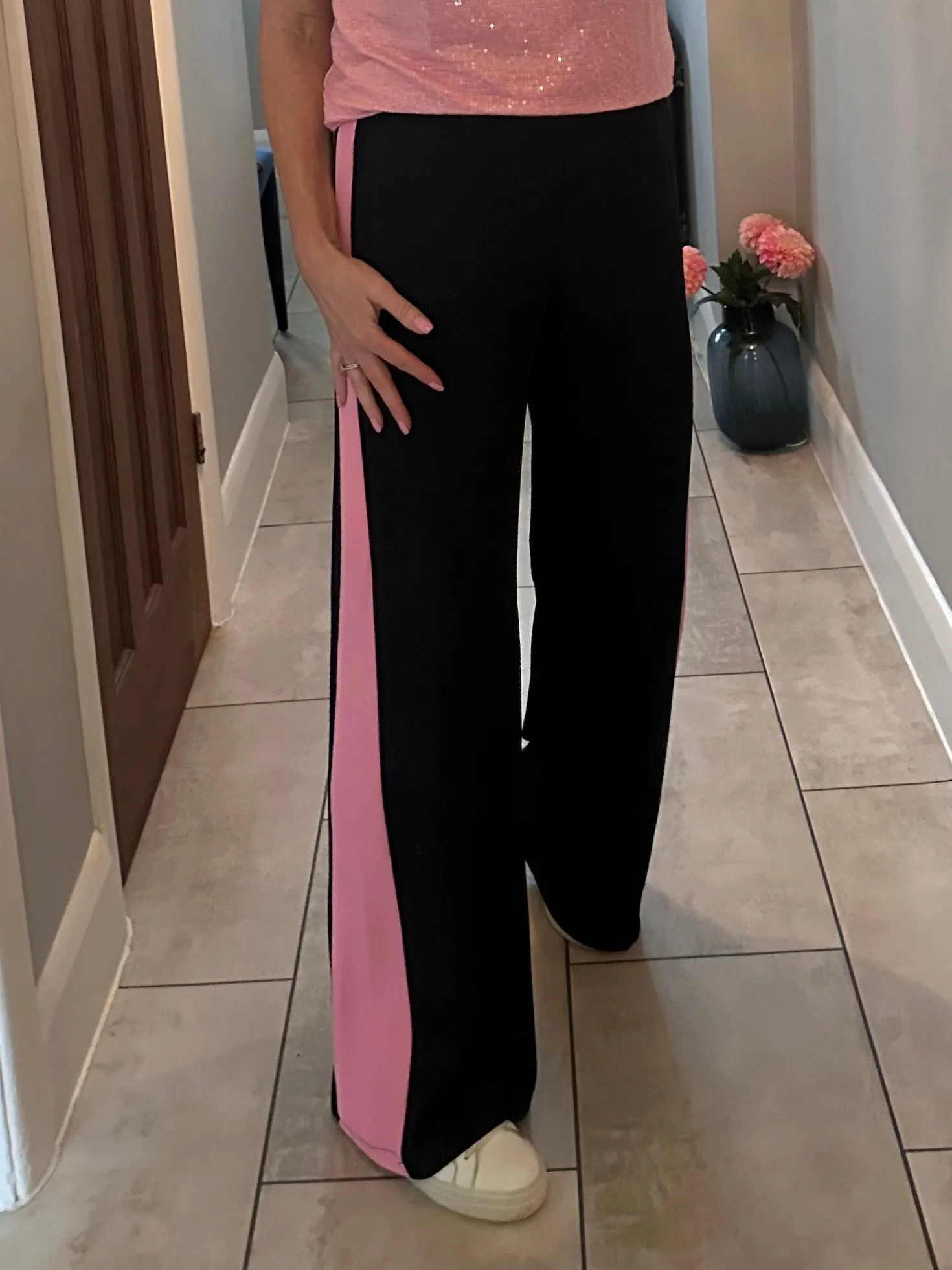 Navy/Pink Stripe Wide Leg Trousers