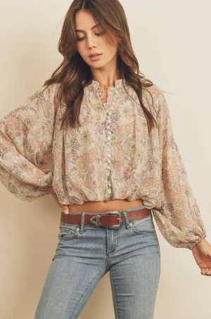 Paisley Button Down Shirred Top