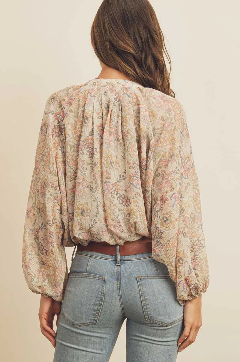 Paisley Button Down Shirred Top