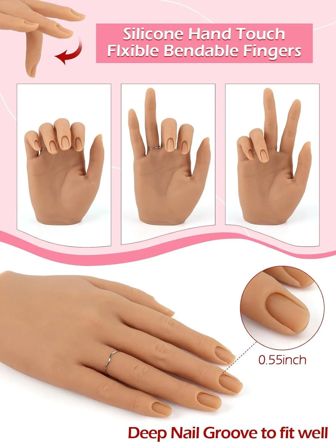 Practice Hand for Acrylic Nails, Silicone Nail Hand Practice, Flexible Fingers Fake Training Hand False Mannequin Hands for Nail Practice, Hand Model Kit for Nail Supplies Manicure Beginners