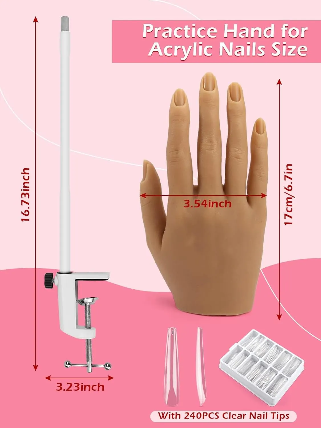 Practice Hand for Acrylic Nails, Silicone Nail Hand Practice, Flexible Fingers Fake Training Hand False Mannequin Hands for Nail Practice, Hand Model Kit for Nail Supplies Manicure Beginners