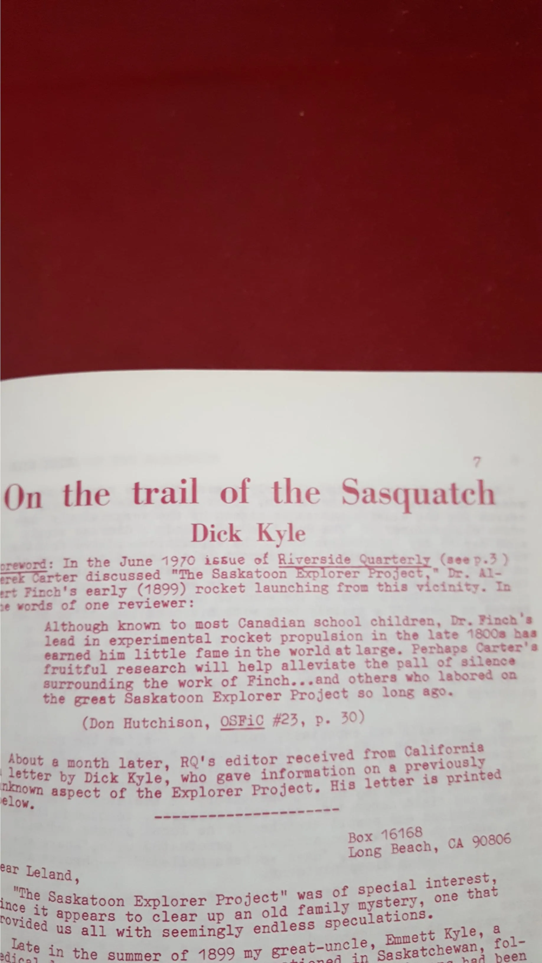Riverside Quarterly - The Sasquatch Saskatchewanian