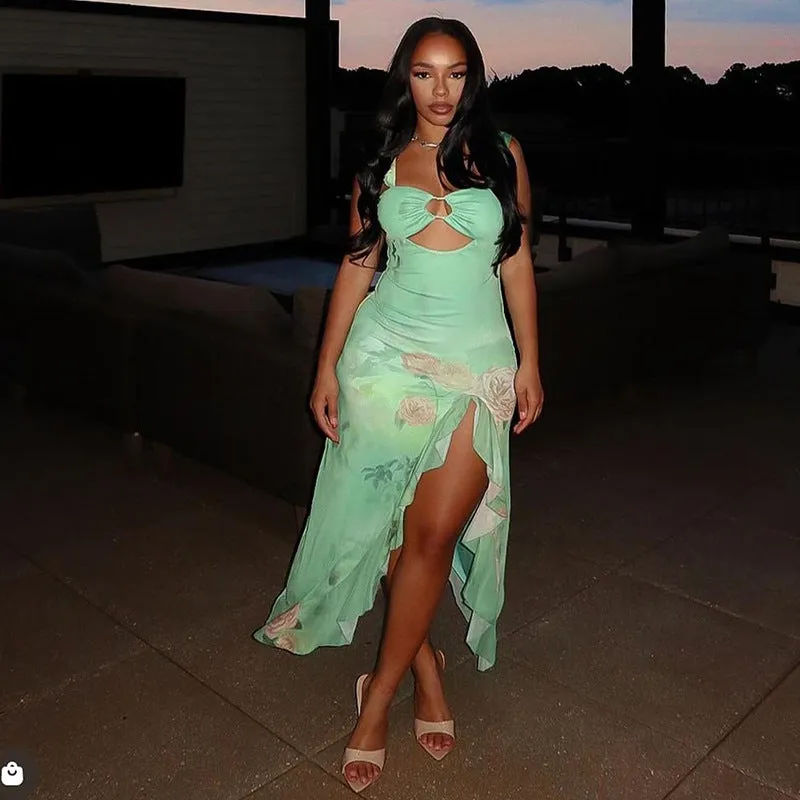 Romantic Cutout Ruffle Maxi Dress with High Slit and Floral Elegance