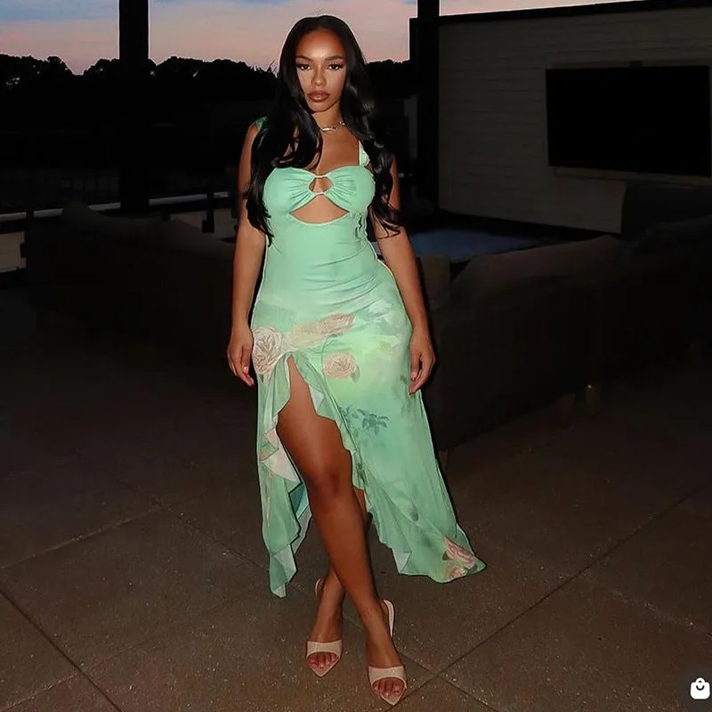 Romantic Cutout Ruffle Maxi Dress with High Slit and Floral Elegance