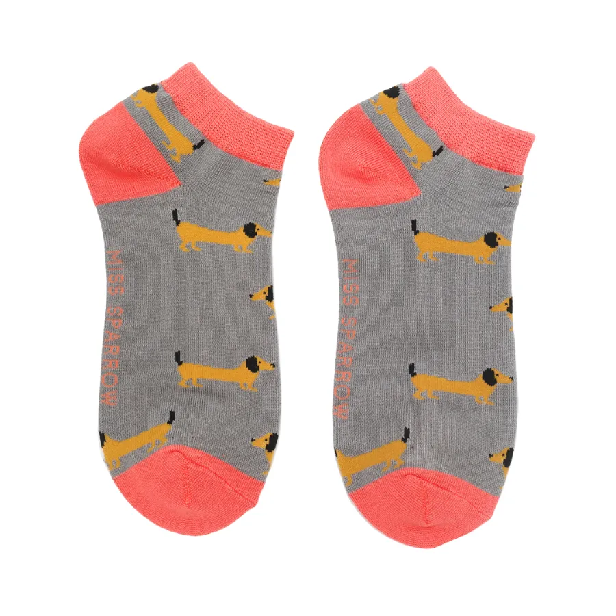 Sausage Dogs Bamboo Trainer Socks in Grey by Miss Sparrow, Size UK 4-7