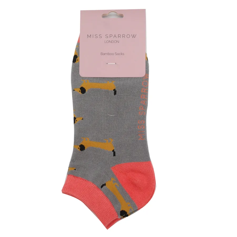 Sausage Dogs Bamboo Trainer Socks in Grey by Miss Sparrow, Size UK 4-7
