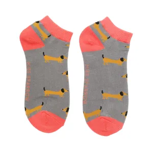 Sausage Dogs Bamboo Trainer Socks in Grey by Miss Sparrow, Size UK 4-7