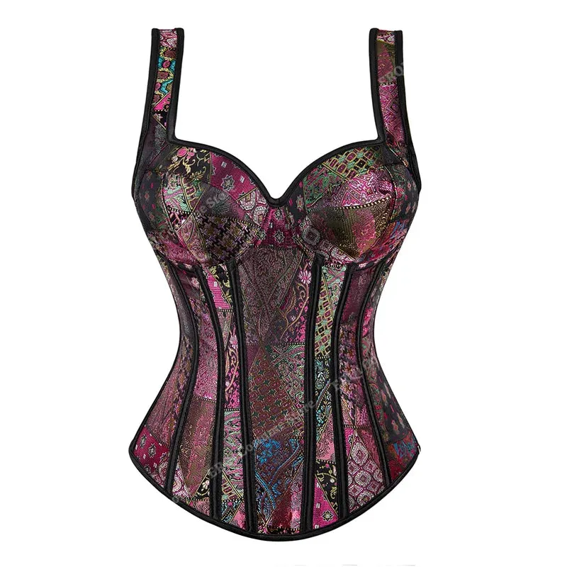 Steampunk Corset with Cup Lingerie Zipper Side Straps Overbust Corset Waist Trainer Bustier Plus Size