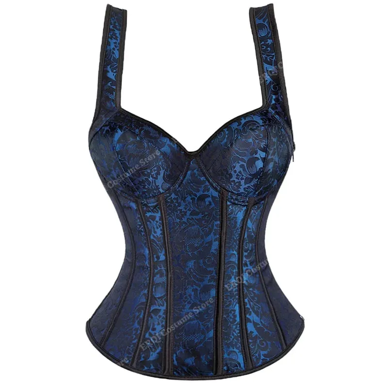 Steampunk Corset with Cup Lingerie Zipper Side Straps Overbust Corset Waist Trainer Bustier Plus Size