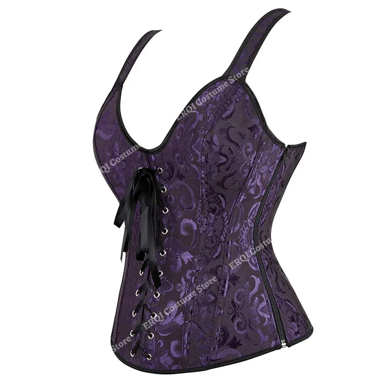 Steampunk Corset with Cup Lingerie Zipper Side Straps Overbust Corset Waist Trainer Bustier Plus Size