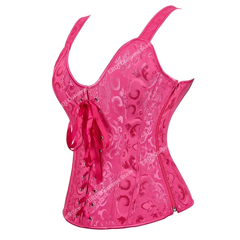 Steampunk Corset with Cup Lingerie Zipper Side Straps Overbust Corset Waist Trainer Bustier Plus Size