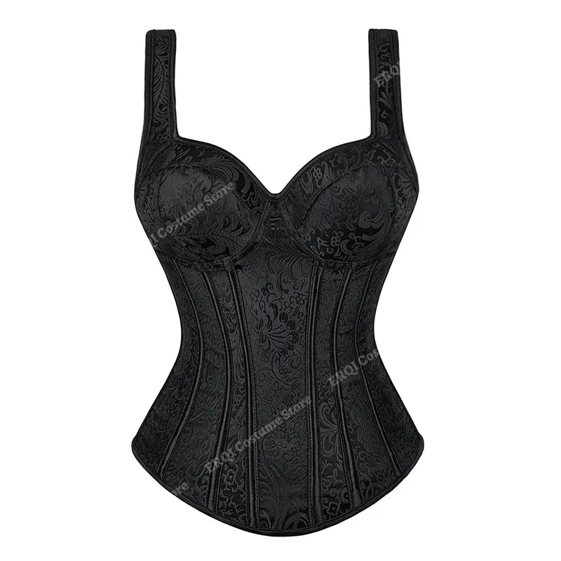 Steampunk Corset with Cup Lingerie Zipper Side Straps Overbust Corset Waist Trainer Bustier Plus Size