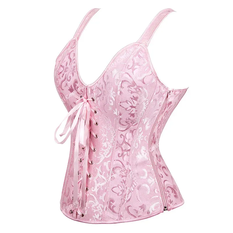 Steampunk Corset with Cup Lingerie Zipper Side Straps Overbust Corset Waist Trainer Bustier Plus Size