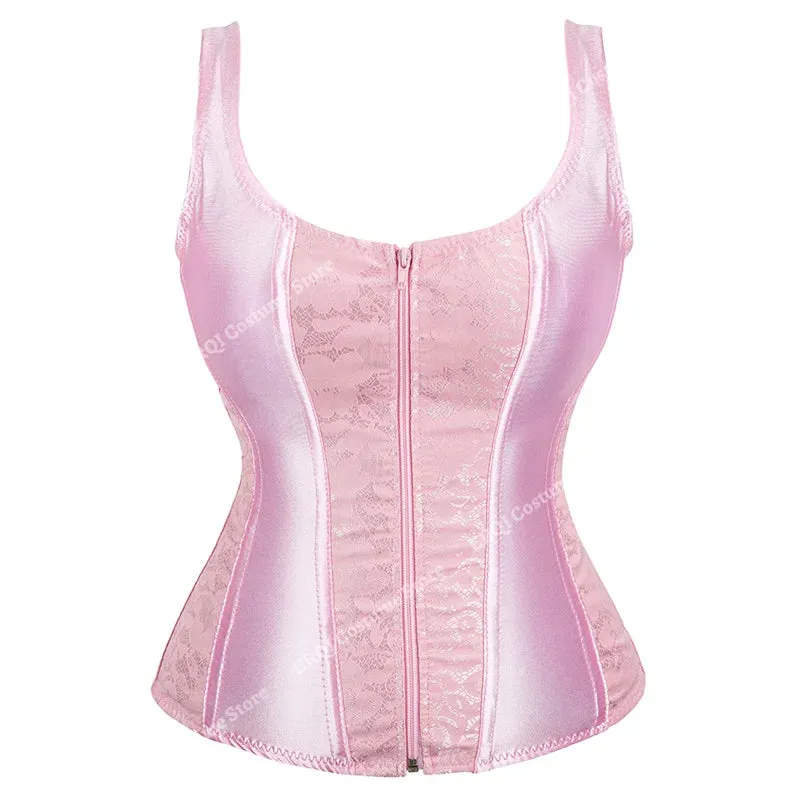 Steampunk Corset with Cup Lingerie Zipper Side Straps Overbust Corset Waist Trainer Bustier Plus Size