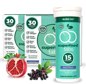 Superfood Tabs - Plant-Based Fizzy Drink, 15 Effective Superfoods, Boost Hydration with Burdock Root, Matcha, Beetroot and More. Sugar Free, Non-GMO, Keto Friendly, Gluten Free, 60 Drinks, Berry Flavor
