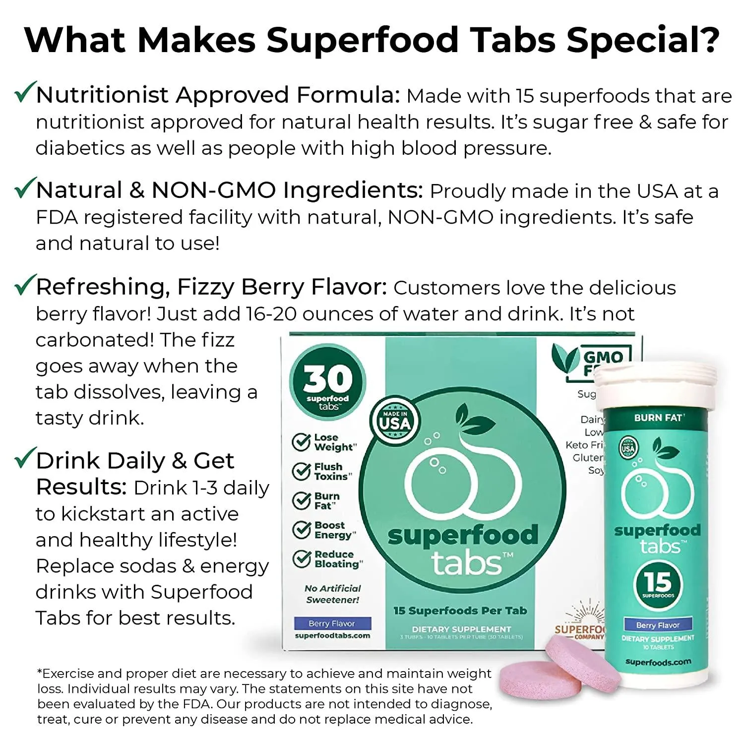 Superfood Tabs - Plant-Based Fizzy Drink, 15 Effective Superfoods, Boost Hydration with Burdock Root, Matcha, Beetroot and More. Sugar Free, Non-GMO, Keto Friendly, Gluten Free, 60 Drinks, Berry Flavor