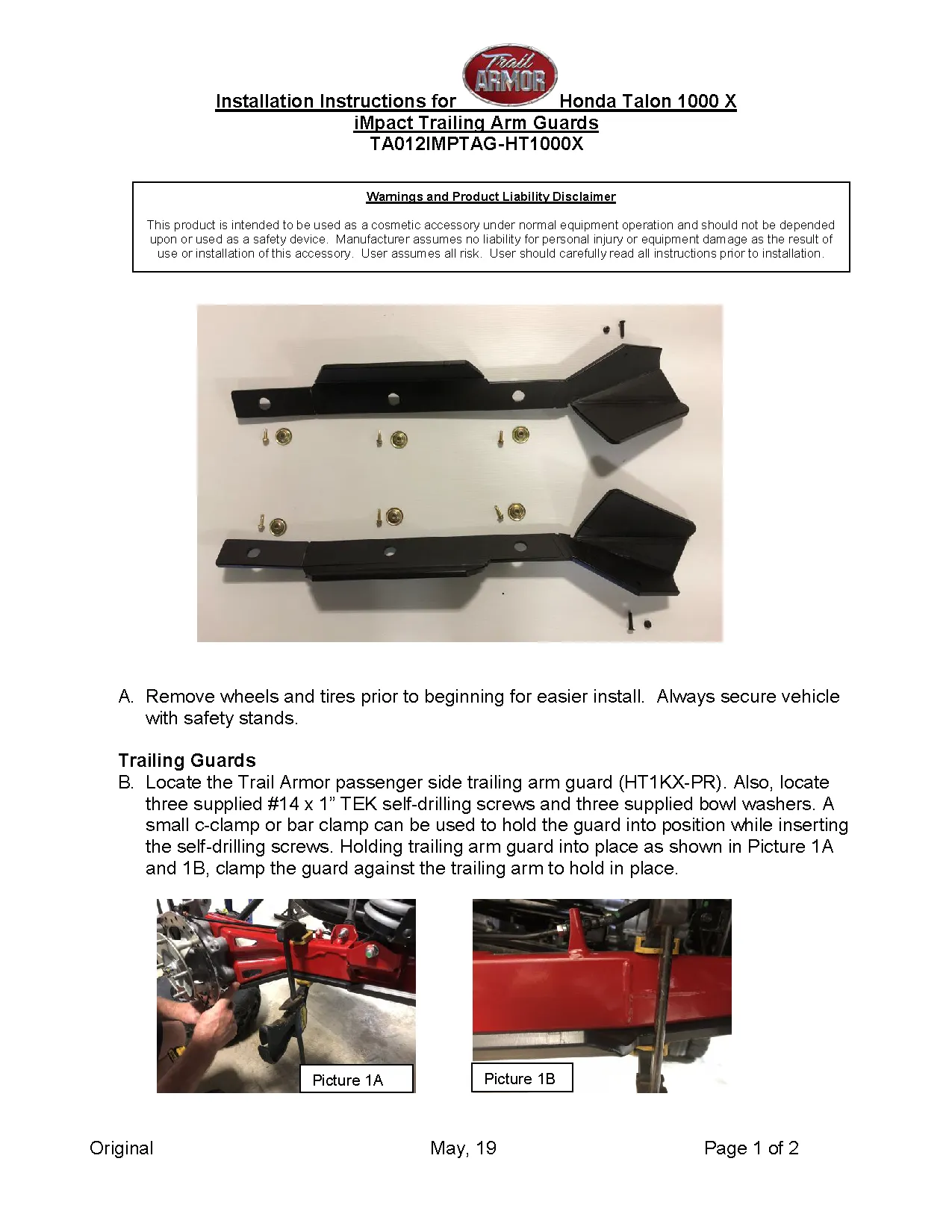 Trail Armor Honda Talon 1000X, Talon 1000X Fox Live Valve, Talon 1000X-4, Talon 1000 X-4 Fox Live Valve, Honda Talon 1000 XS, Talon 1000 XS Fox Live Valve, Talon 1000 XS-4 and Talon 1000 XS-4 Fox Live Valve Trailing Arm Guards