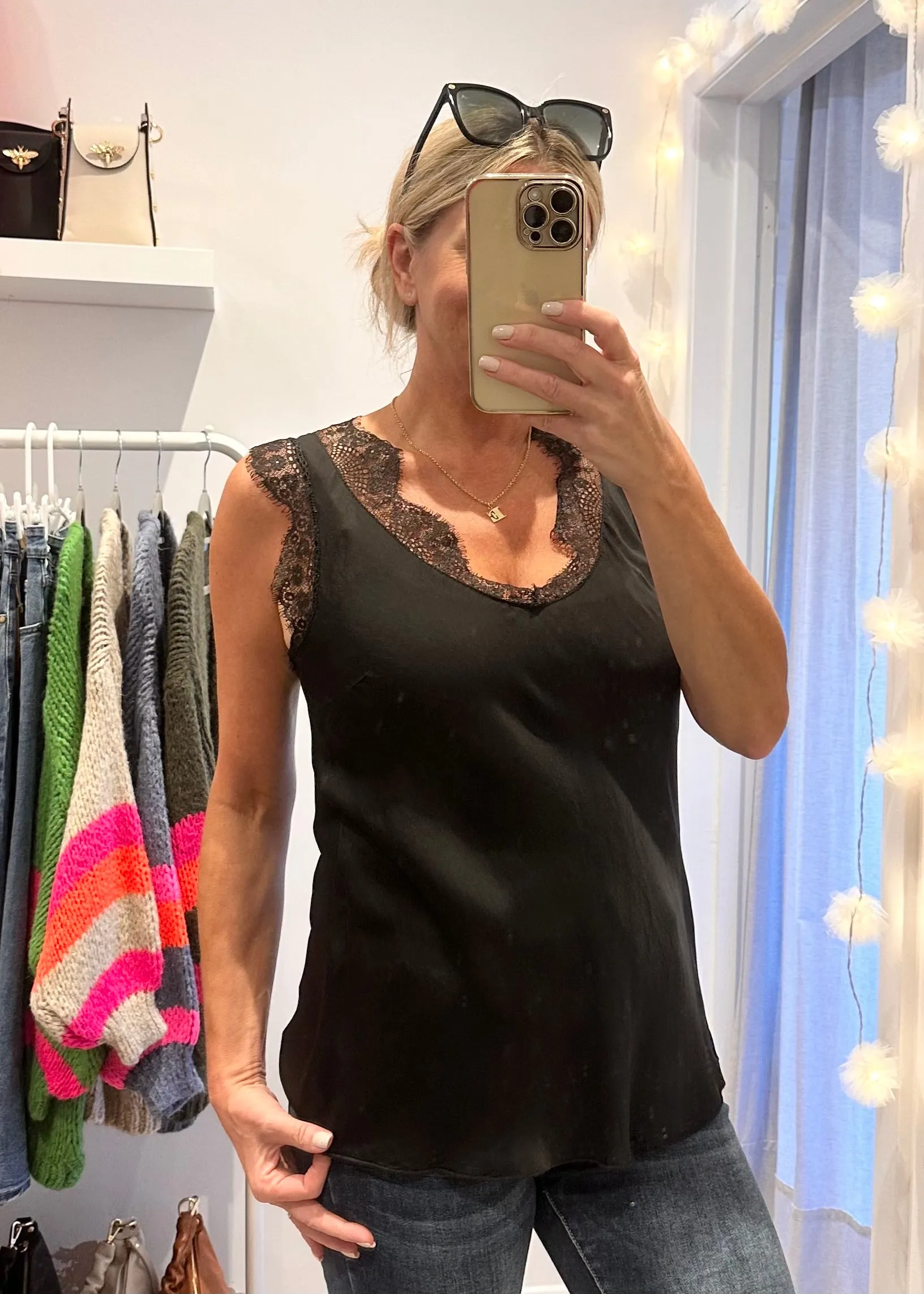 White Satin/Lace V Neck Top