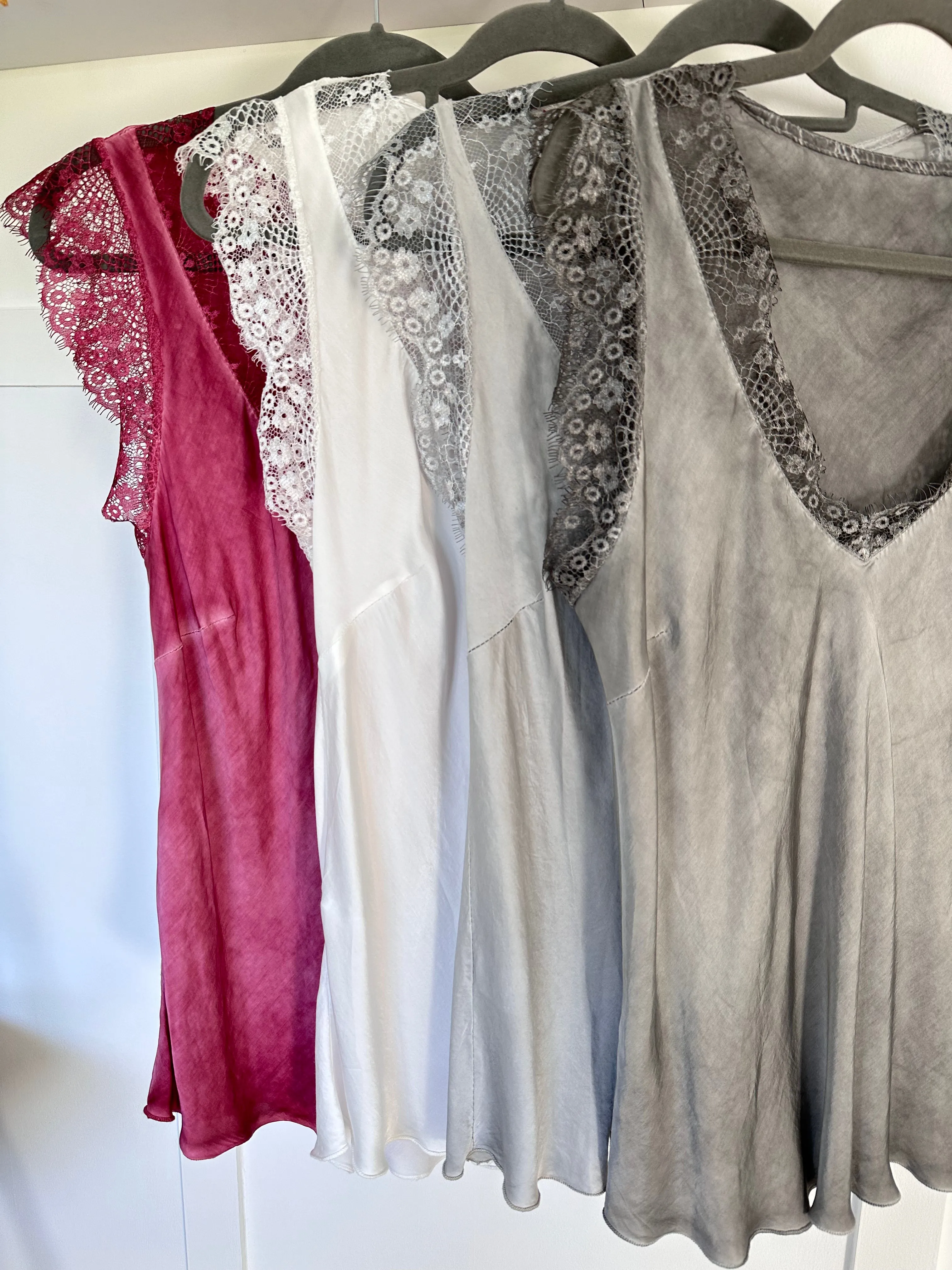 White Satin/Lace V Neck Top