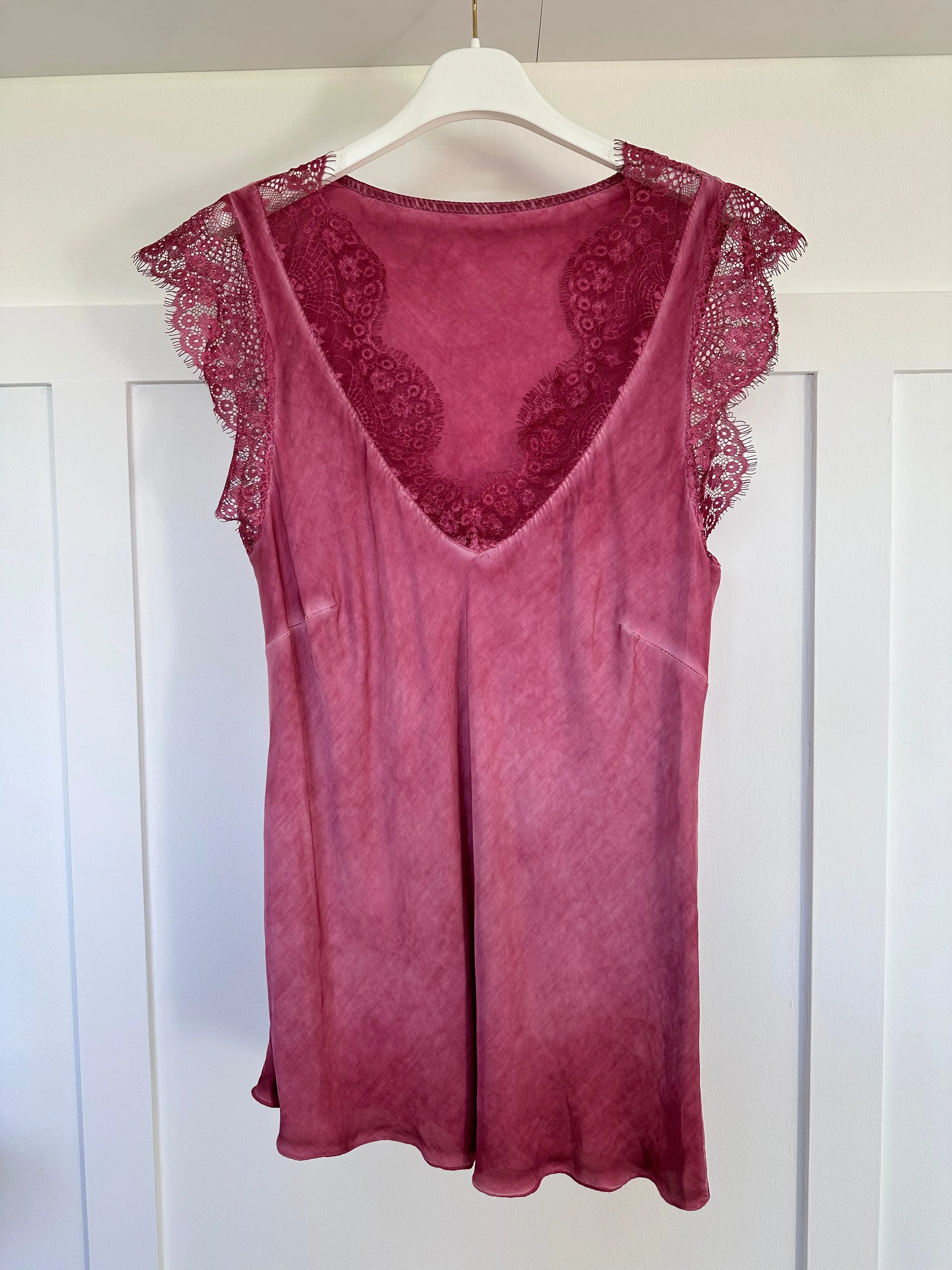White Satin/Lace V Neck Top