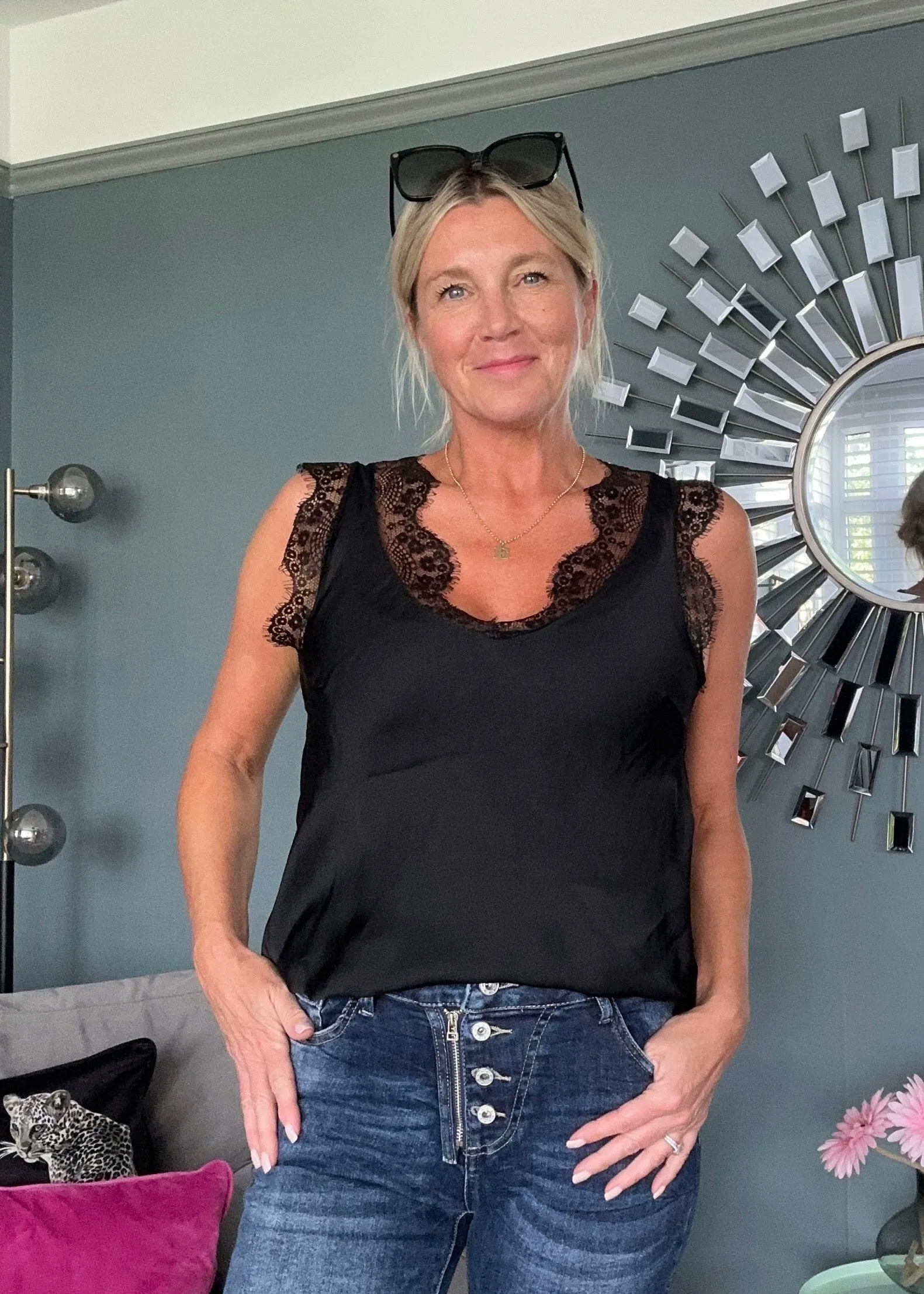 White Satin/Lace V Neck Top