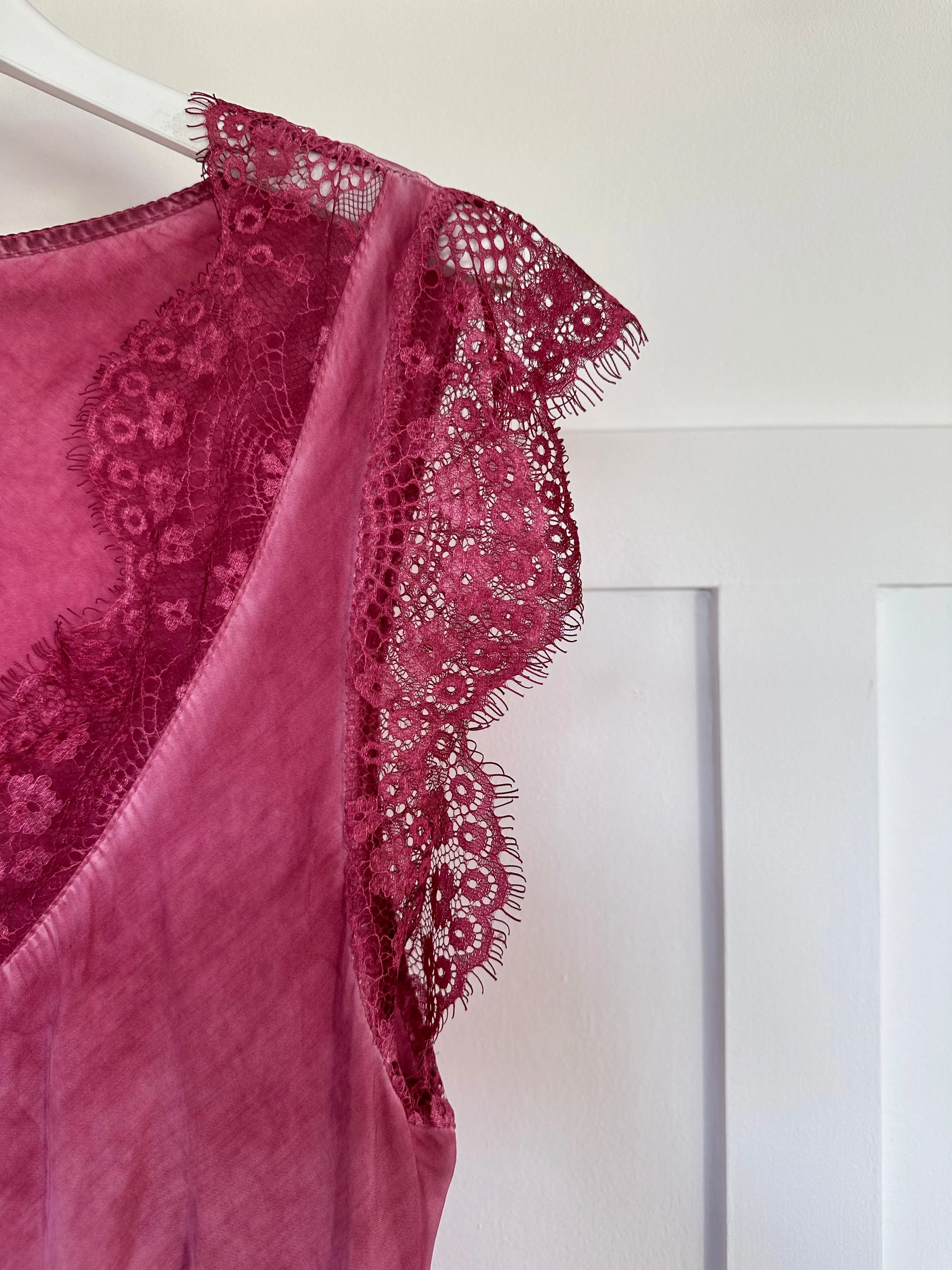 White Satin/Lace V Neck Top