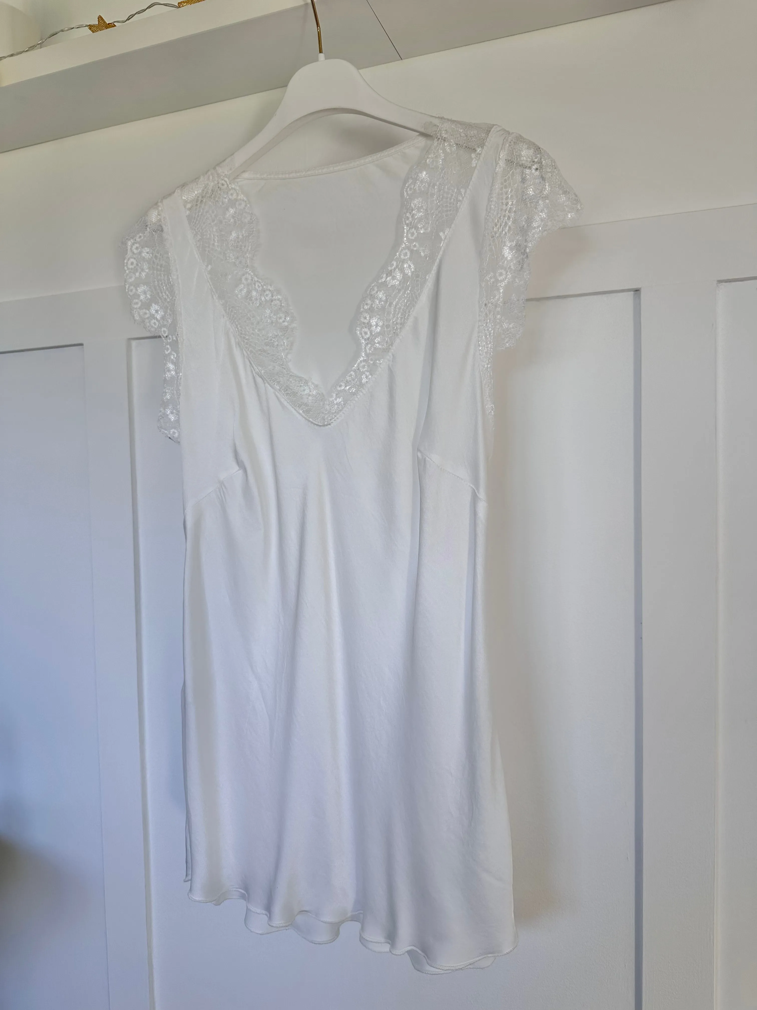 White Satin/Lace V Neck Top