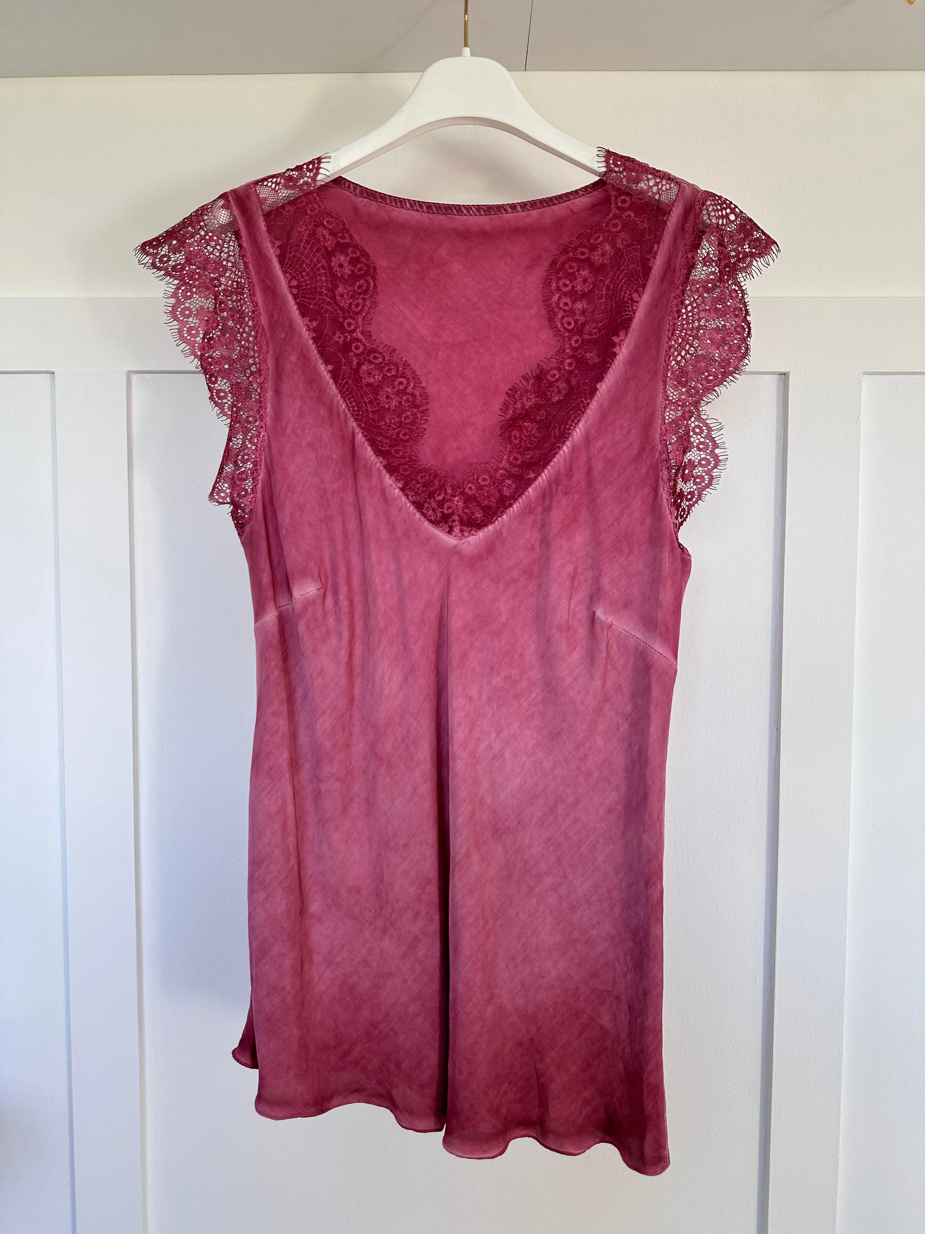White Satin/Lace V Neck Top
