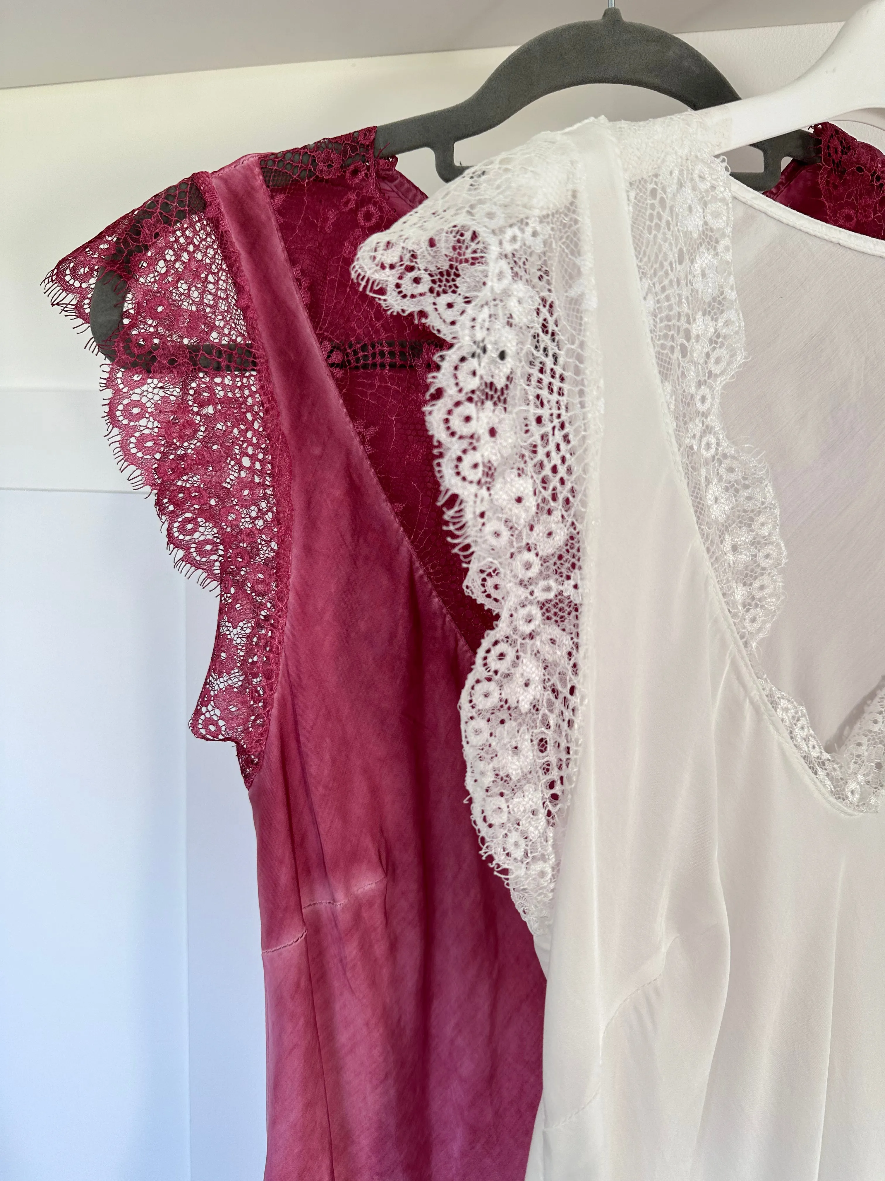 White Satin/Lace V Neck Top