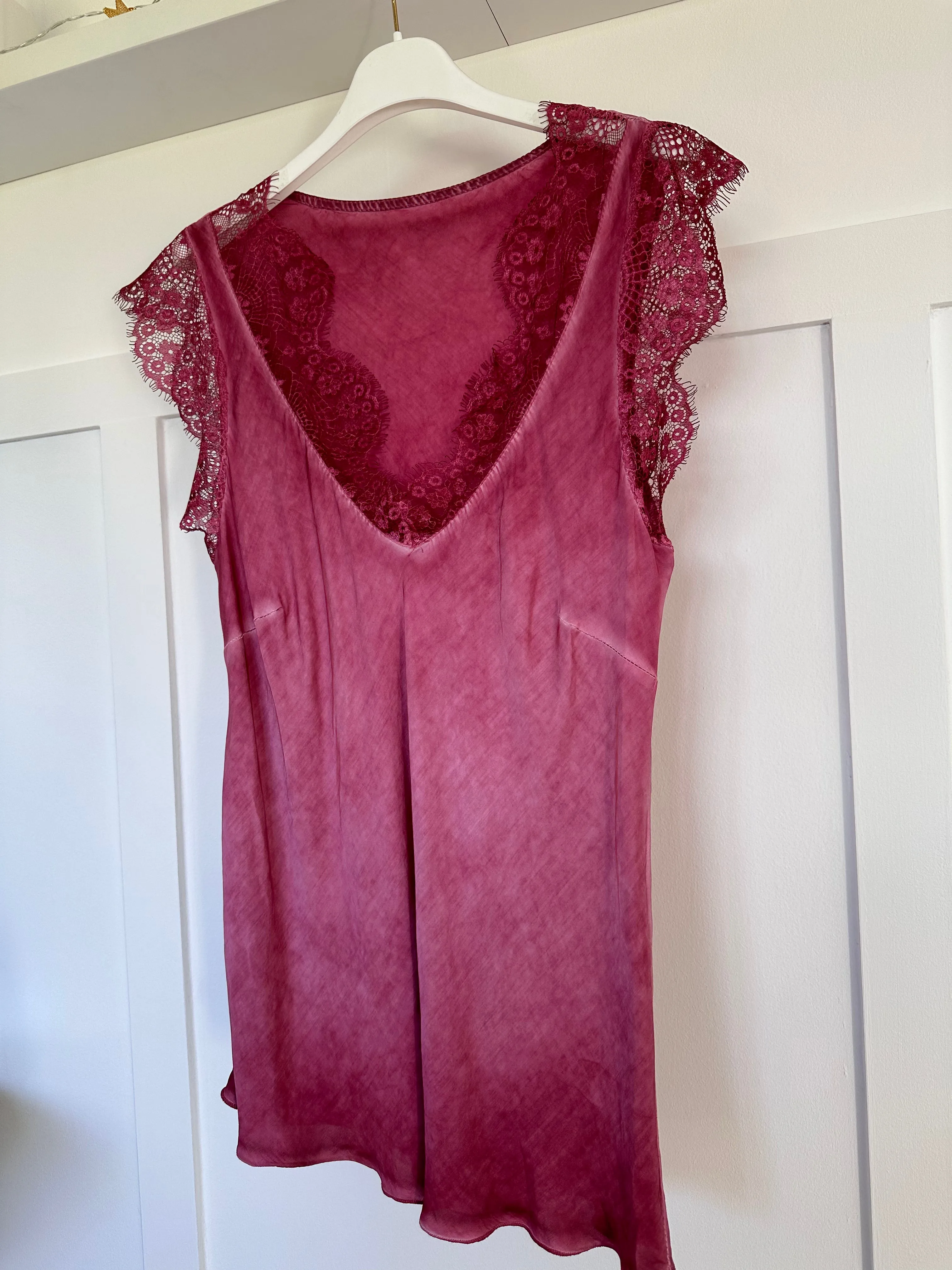 White Satin/Lace V Neck Top