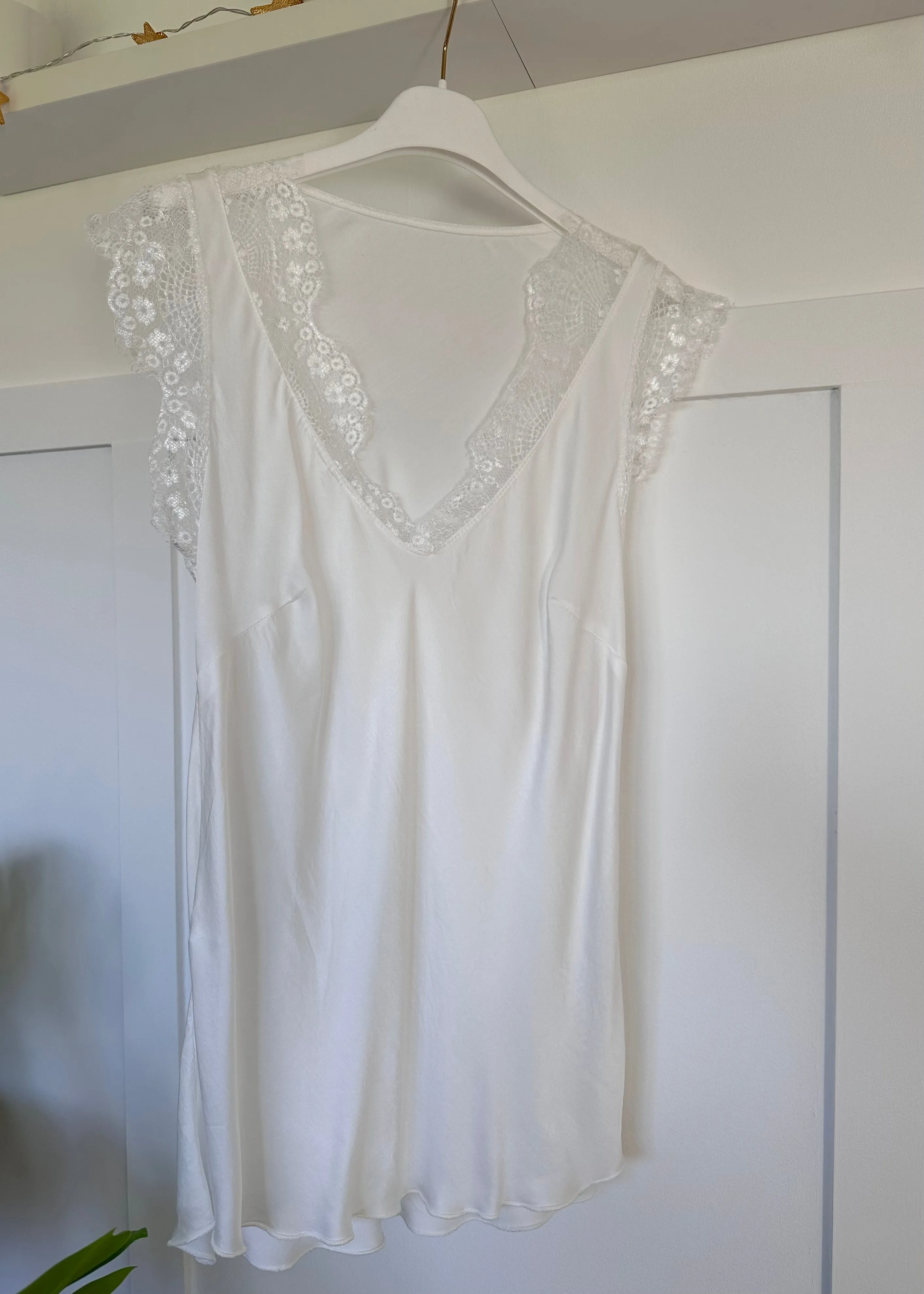 White Satin/Lace V Neck Top