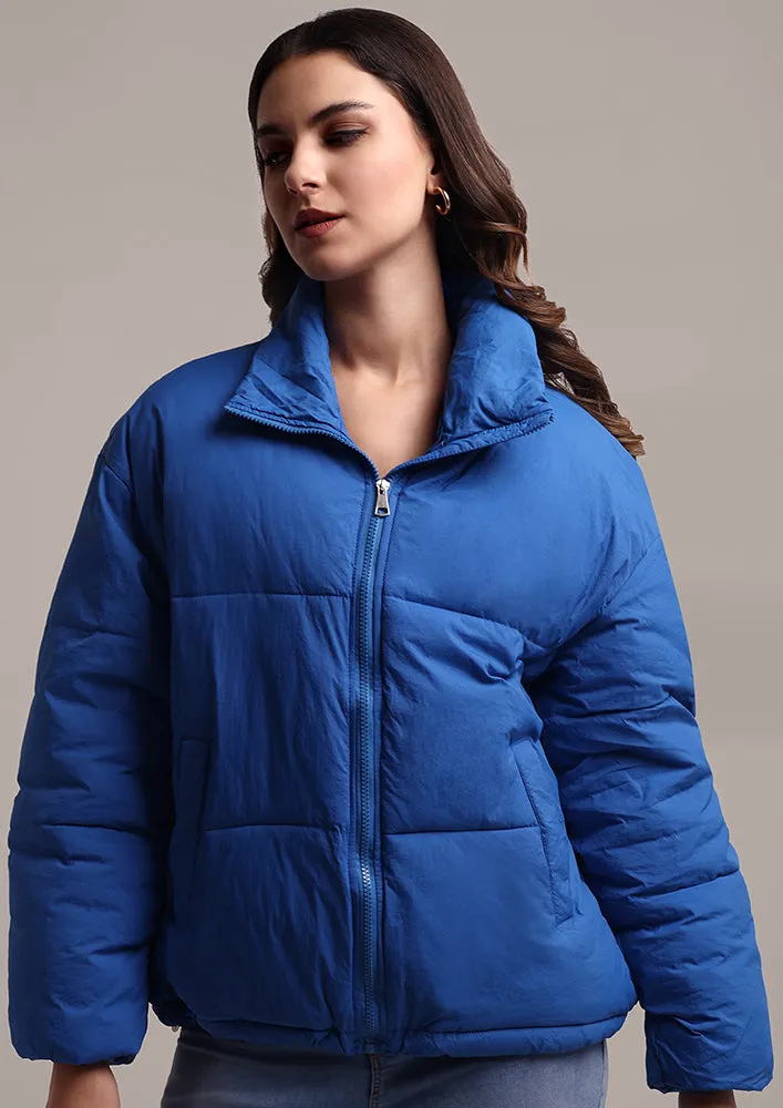 Women's Blue Puffer Jacket With Pockets