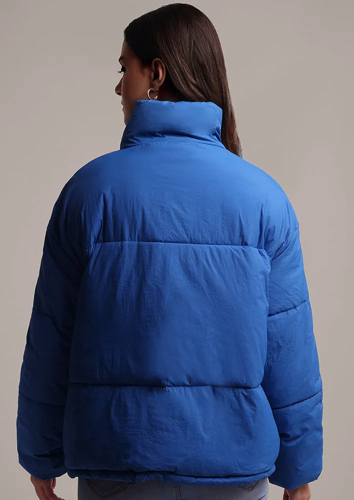 Women's Blue Puffer Jacket With Pockets