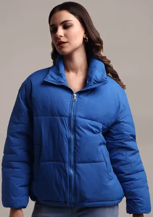 Women's Blue Puffer Jacket With Pockets