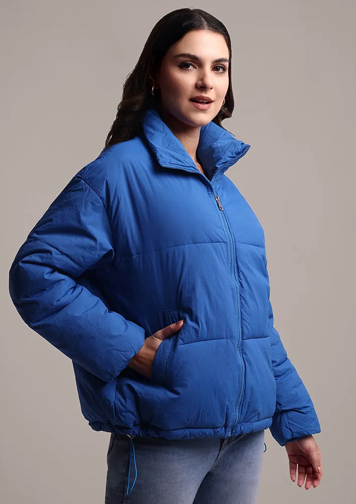 Women's Blue Puffer Jacket With Pockets
