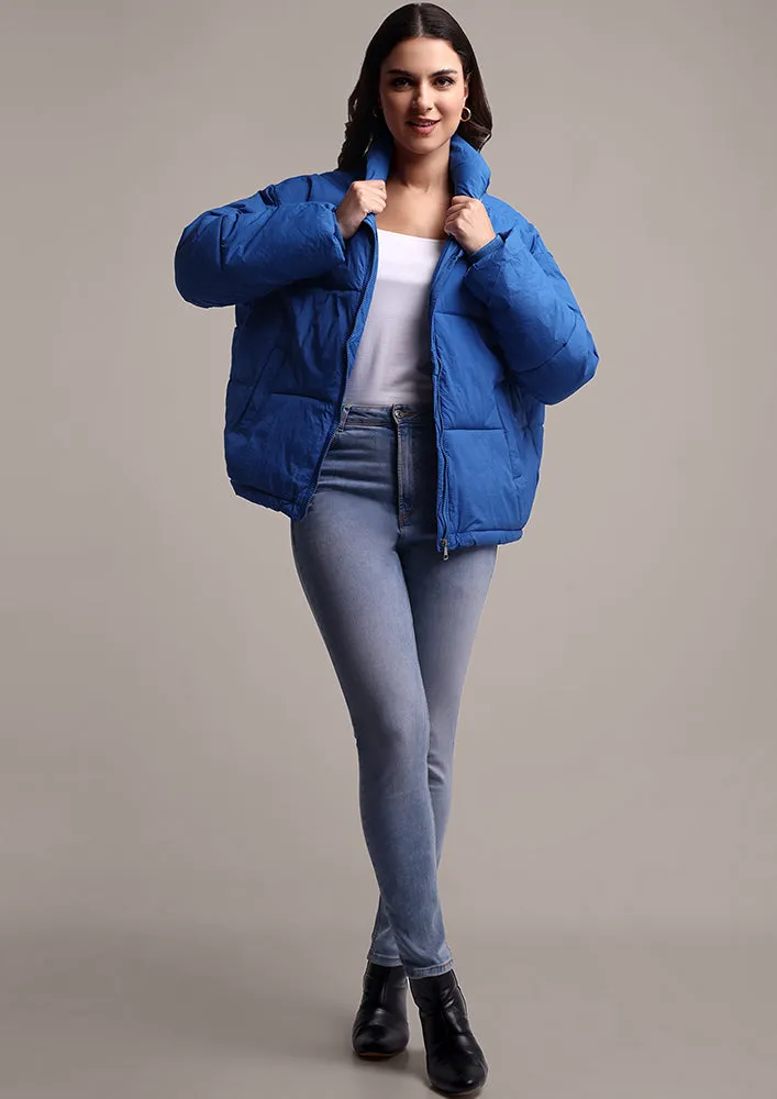 Women's Blue Puffer Jacket With Pockets