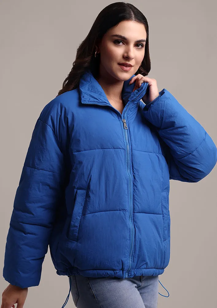 Women's Blue Puffer Jacket With Pockets