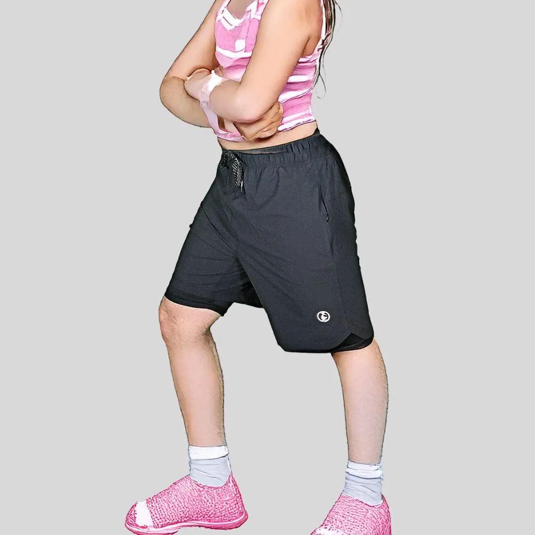 YOUTH 2 IN 1 BLACK RUNNING SHORTS